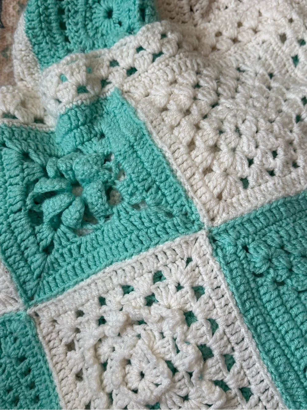 Handmade mint and white crochet granny square afghan blanket Throw 45x64